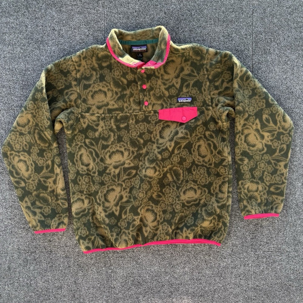 Vintage Y2K Patagonia Synchilla Snap Fleece Pullover Sz M Floral Hawaiian Green